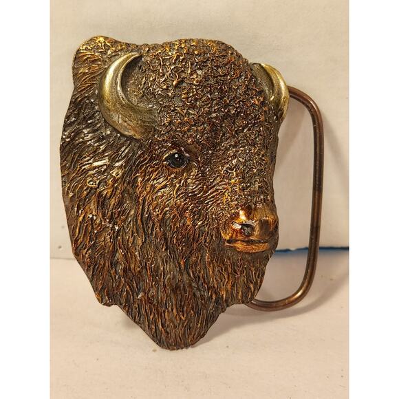 1999 BUFFALO BISON HEAD 3D Solid Brass Bronze Belt Buckle USA Bergamot Western - Picture 1 of 7